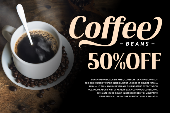70+ Food Logo Fonts for Restaurants, Cafes, and Food Brands 23 Coffee cup with beans and a discount offer text
