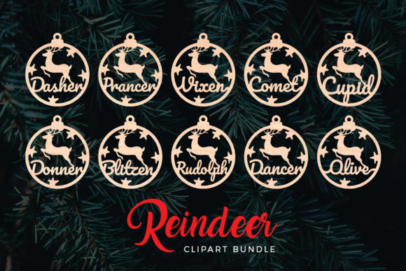 Easy Laser Cut Wood Projects To Sell On Etsy 50 Laser cut wooden reindeer ornaments with names on a dark green background.