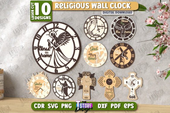 99+ Laser Cut Wood Projects To Sell From Home 3 Collection of laser cut wooden religious wall clocks featuring various designs and inspirational messages.