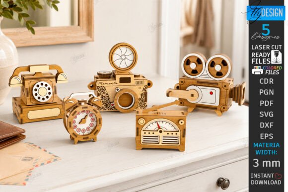 99+ Laser Cut Wood Projects To Sell From Home 45 Collection of laser cut wood projects including a camera, clock, and film reel on a table.
