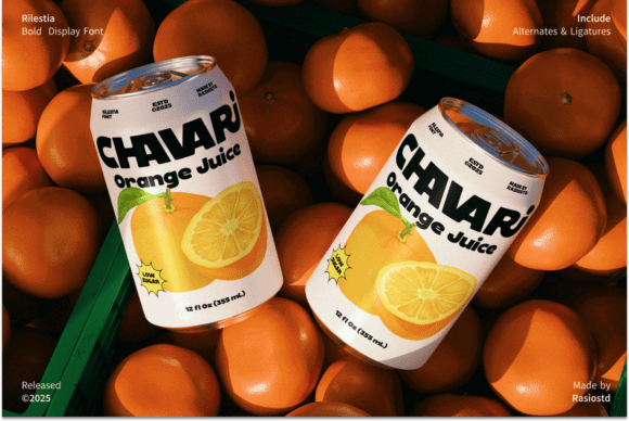 70+ Food Logo Fonts for Restaurants, Cafes, and Food Brands 185 Cans of CHIAVJ orange juice surrounded by oranges.