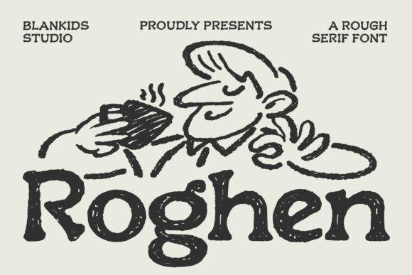 70+ Food Logo Fonts for Restaurants, Cafes, and Food Brands 181 Roghen font design featuring a playful character holding food.