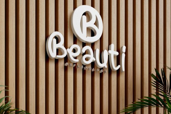 70+ Food Logo Fonts for Restaurants, Cafes, and Food Brands 68 Stylish logo for Beauti Reflexology on a wooden wall.