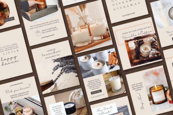 17 Instagram Story Templates for Small Businesses That Boost Engagement 18 A collection of scented candle Instagram story templates featuring candles, lavender, and engaging text prompts.