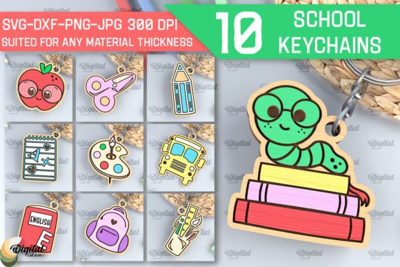 99+ Laser Cut Wood Projects To Sell From Home 50 Collection of school-themed keychains including a worm, books, and various school supplies.