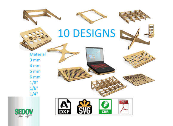99+ Laser Cut Wood Projects To Sell From Home 457 Various laser cut wood laptop stand designs with different patterns and thicknesses displayed on a light background.