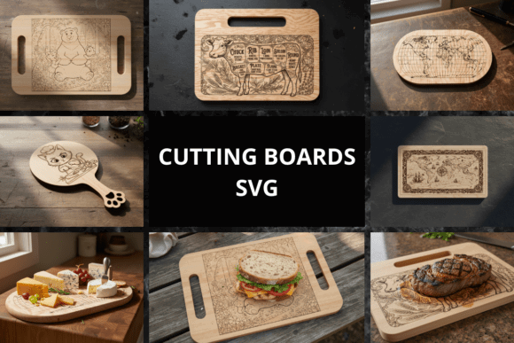99+ Laser Cut Wood Projects To Sell From Home 355 Various laser cut wood cutting boards with intricate designs, including animals and maps.