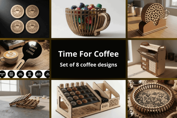 99+ Laser Cut Wood Projects To Sell From Home 40 Set of 8 laser cut wood coffee designs including coasters, a coffee cup holder, and a coffee-themed organizer.