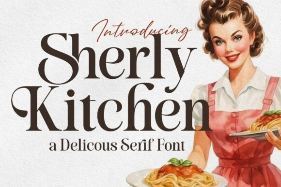 70+ Food Logo Fonts for Restaurants, Cafes, and Food Brands 122 Stylized text 'Sherly Kitchen' with a woman holding pasta, showcasing a food logo font.