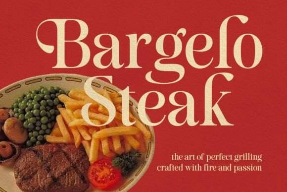 70+ Food Logo Fonts for Restaurants, Cafes, and Food Brands 29 Bargelo Steak logo with steak, fries, and peas on a plate against a red background.