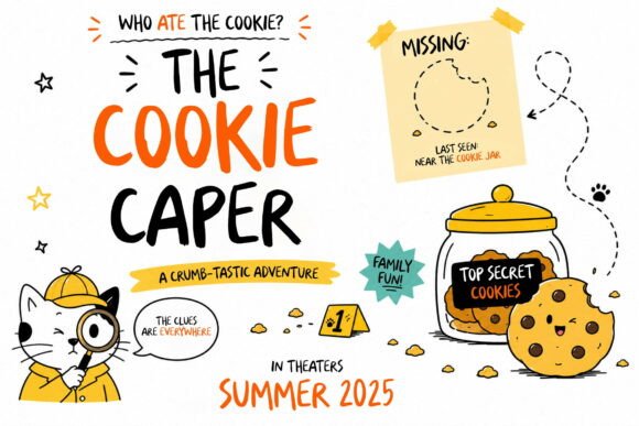 70+ Food Logo Fonts for Restaurants, Cafes, and Food Brands 179 Colorful promotional poster for a family adventure movie featuring a cat detective and a cookie jar.