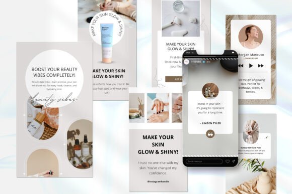 12 Instagram Stories Templates for Small Businesses That Save Time 35 Collage of skincare Instagram Canva Story templates featuring beauty products and motivational text.
