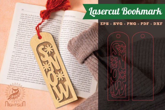 99+ Laser Cut Wood Projects To Sell From Home 101 Laser cut wood bookmark with the word 'SNOW' and decorative snowflakes, placed on a book and sweater.