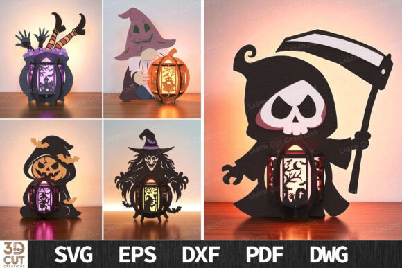 Easy Laser Cut Wood Projects To Sell On Etsy 65 Collection of Halloween-themed laser cut wood lantern designs featuring a witch, skull, and pumpkin.