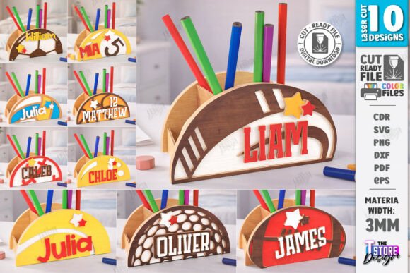 99+ Laser Cut Wood Projects To Sell From Home 445 Laser cut wood desk organizers with personalized names and colorful pens.