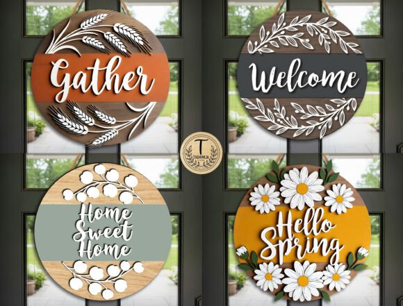 99+ Laser Cut Wood Projects To Sell From Home 290 Four laser cut wood signs displaying 'Gather', 'Welcome', 'Home Sweet Home', and 'Hello Spring'.