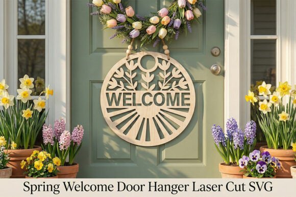 99+ Laser Cut Wood Projects To Sell From Home 219 Laser cut wooden welcome door hanger with floral design, displayed on a green door surrounded by spring flowers.