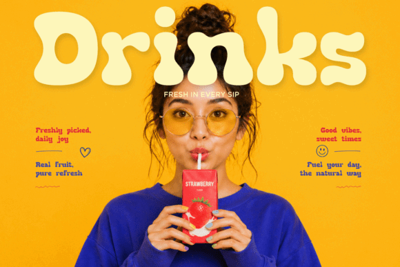 70+ Food Logo Fonts for Restaurants, Cafes, and Food Brands 88 A woman holding a strawberry drink with a playful font in the background.