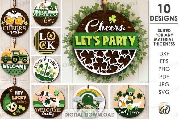 99+ Laser Cut Wood Projects To Sell From Home 430 A collection of laser cut wood signs featuring festive designs for St. Patrick's Day and party themes.