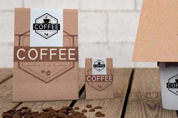 70+ Food Logo Fonts for Restaurants, Cafes, and Food Brands 56 Coffee packaging with logo design on a wooden table.