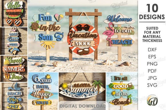 99+ Laser Cut Wood Projects To Sell From Home 427 Colorful laser cut wood signs with summer themes, including 'Fun in the Sun' and 'Welcome to our Beach'.