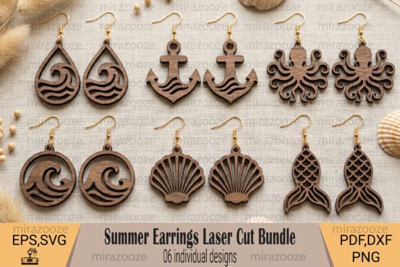 99+ Laser Cut Wood Projects To Sell From Home 106 Laser cut wooden earrings bundle featuring various designs including waves, anchors, and sea creatures.