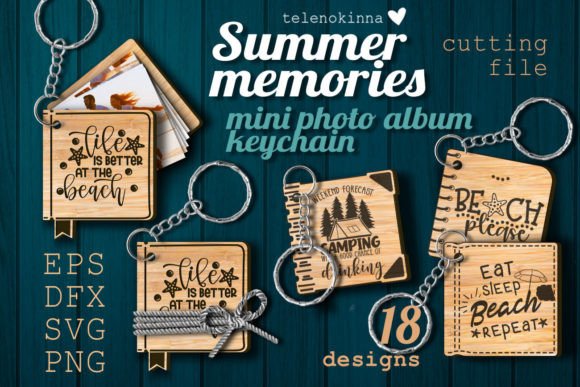 99+ Laser Cut Wood Projects To Sell From Home 54 Laser cut wood keychains featuring summer-themed designs and mini photo album elements.