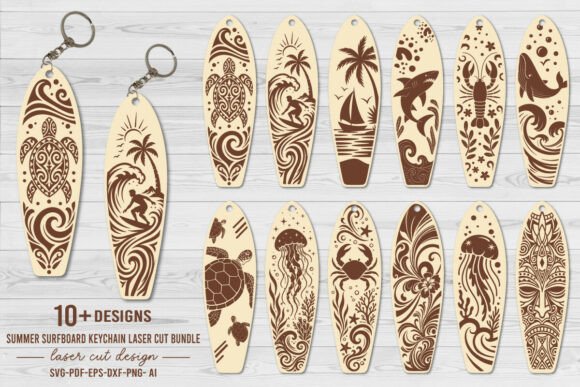 Laser Cut Products That Sell on Etsy and Make Money 14 Collection of laser cut keychains featuring surfboard designs with various ocean-themed patterns.