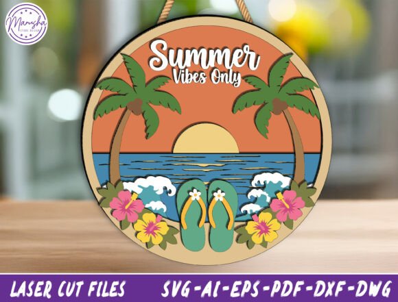 99+ Laser Cut Wood Projects To Sell From Home 185 Round wooden sign featuring tropical design with palm trees, sunset, and the text 'Summer Vibes Only'.