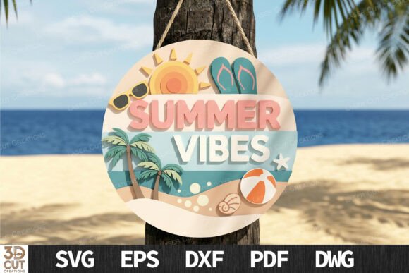 99+ Laser Cut Wood Projects To Sell From Home 184 Colorful round sign with 'SUMMER VIBES' text and beach elements, suitable for laser cut wood projects.