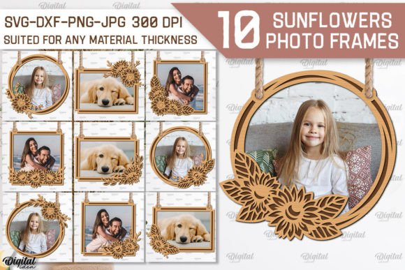 99+ Laser Cut Wood Projects To Sell From Home 375 Set of 10 sunflower-themed laser cut photo frames in various designs, suitable for different material thicknesses.