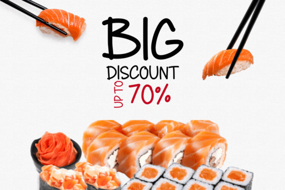 70+ Food Logo Fonts for Restaurants, Cafes, and Food Brands 32 Sushi rolls with a discount announcement in bold font.