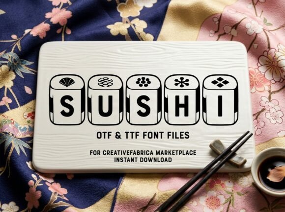 70+ Food Logo Fonts for Restaurants, Cafes, and Food Brands 30 Sushi font displayed on a wooden board with chopsticks and a dipping sauce.
