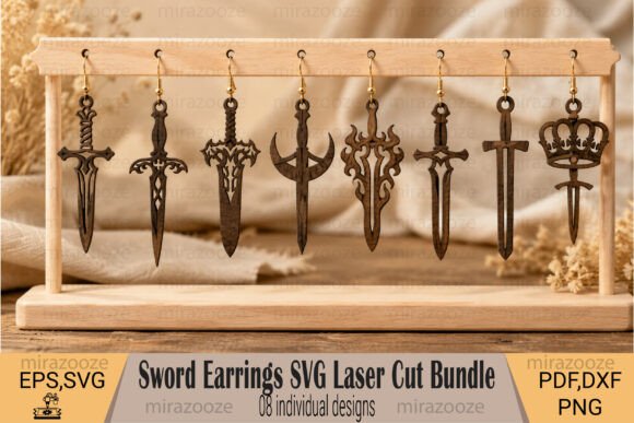 99+ Laser Cut Wood Projects To Sell From Home 109 Collection of sword-shaped earrings in various designs displayed on a wooden stand.