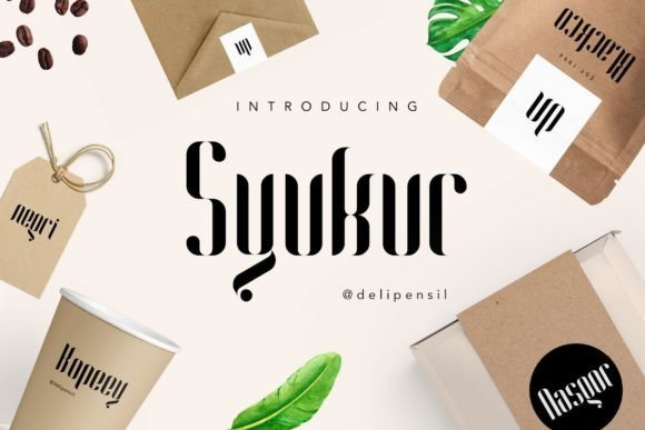 70+ Food Logo Fonts for Restaurants, Cafes, and Food Brands 100 Stylish food packaging featuring the Syukur font on coffee cups and boxes.