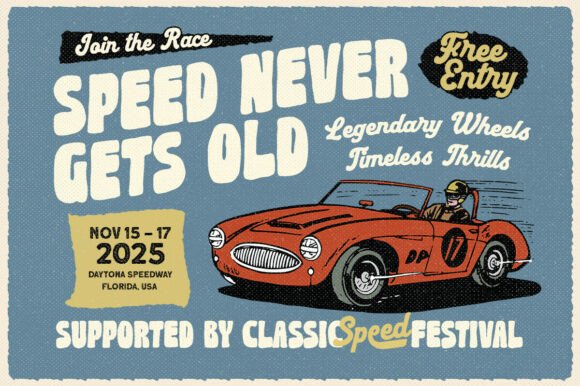 70+ Food Logo Fonts for Restaurants, Cafes, and Food Brands 87 Vintage racing event poster featuring a red sports car and bold typography.