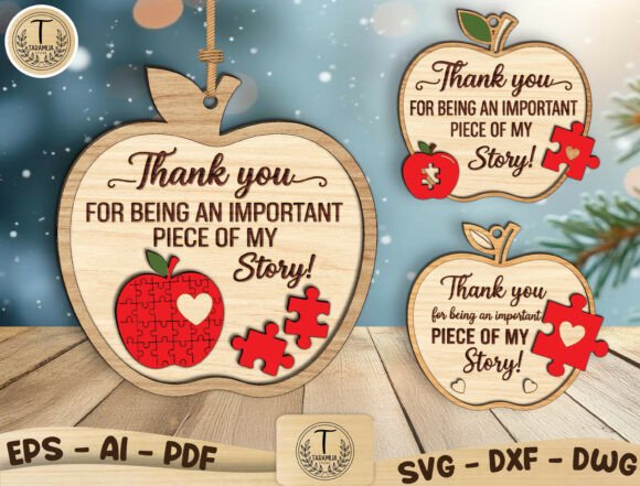 99+ Laser Cut Wood Projects To Sell From Home 260 Laser cut wood ornaments featuring apple shapes with puzzle pieces and a thank you message.