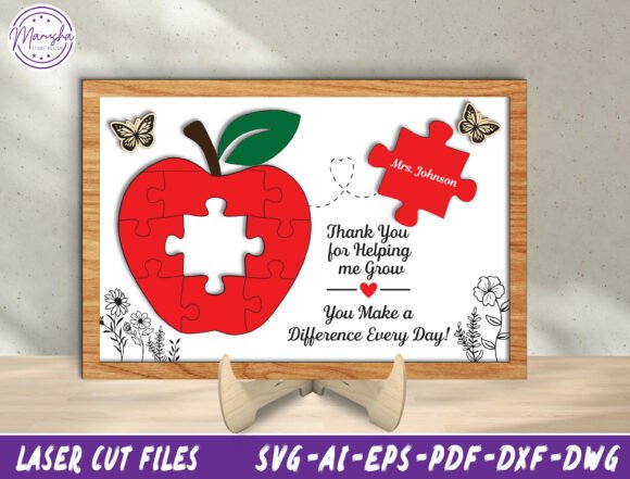 99+ Laser Cut Wood Projects To Sell From Home 266 Personalized laser cut wood sign featuring an apple puzzle piece and a thank you message for a teacher.