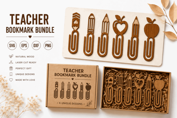 99+ Laser Cut Wood Projects To Sell From Home 78 Laser cut wooden bookmarks in various designs, including pencils and apples, packaged as a teacher gift bundle.