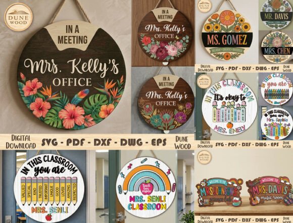 99+ Laser Cut Wood Projects To Sell From Home 416 Colorful laser cut wood signs for classrooms and offices with personalized names and decorative elements.