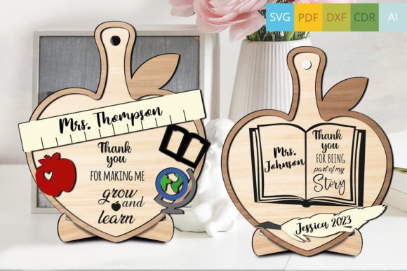 99+ Laser Cut Wood Projects To Sell From Home 264 Personalized laser cut wood teacher signs with apple shapes and custom messages.
