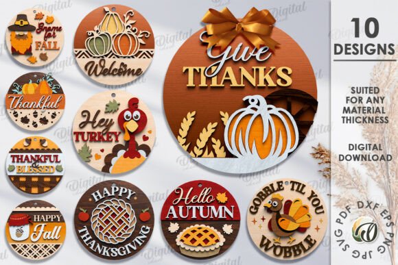 99+ Laser Cut Wood Projects To Sell From Home 428 A collection of laser cut wood signs featuring autumn themes, including pumpkins, turkeys, and Thanksgiving messages.