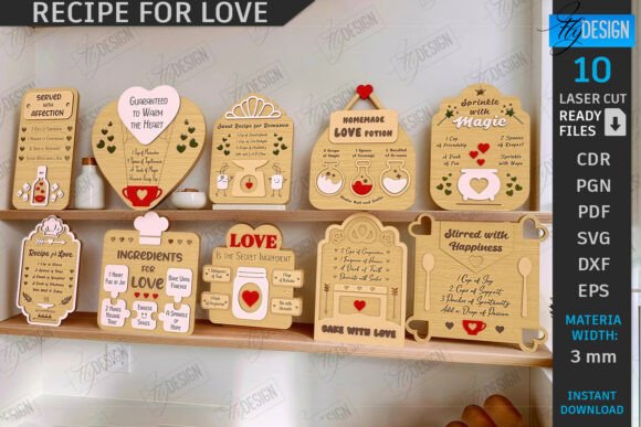 99+ Laser Cut Wood Projects To Sell From Home 344 Laser cut wood signs with various love-themed designs and messages displayed on a shelf.