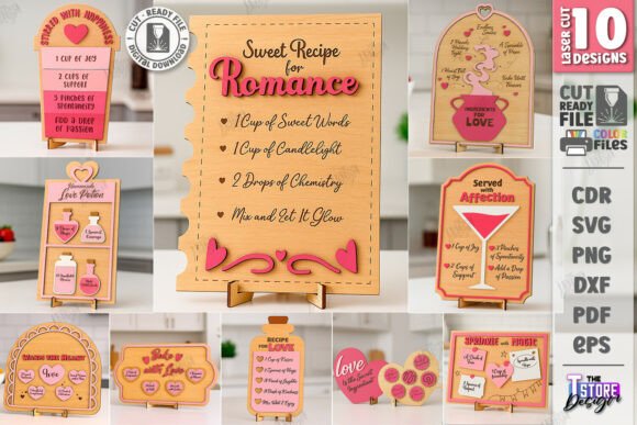 99+ Laser Cut Wood Projects To Sell From Home 343 Laser cut wood recipe cutting board designs with romantic themes and decorative elements.