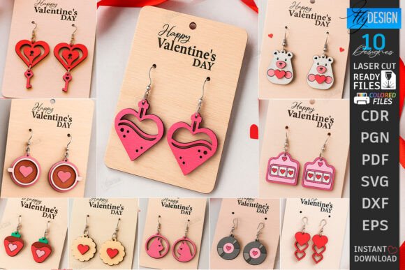 Easy Laser Cut Wood Projects To Sell On Etsy 58 Colorful laser cut Valentine's Day earrings displayed on a wooden card.
