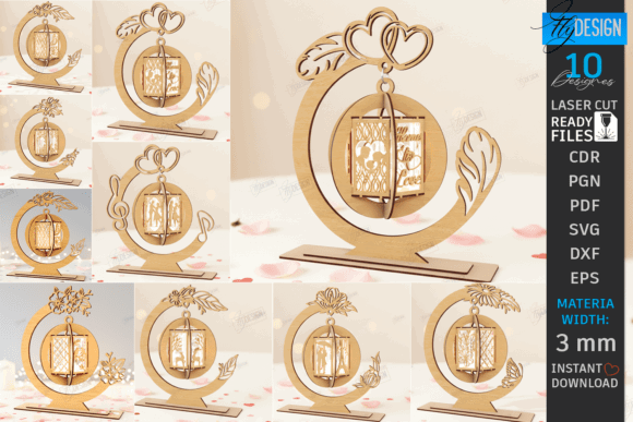 99+ Laser Cut Wood Projects To Sell From Home 388 3D decorative lanterns made from laser cut wood, featuring intricate designs and a circular base.