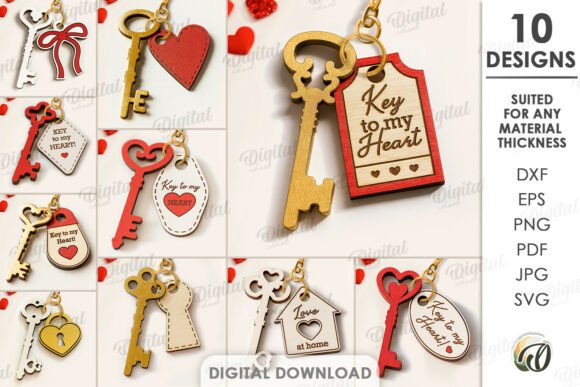 99+ Laser Cut Wood Projects To Sell From Home 146 Laser cut wood keychain designs featuring hearts and keys, suitable for various materials.