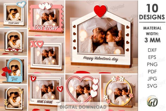 99+ Laser Cut Wood Projects To Sell From Home 362 Laser cut mini photo frames with heart designs for Valentine's Day, showcasing customizable text options.