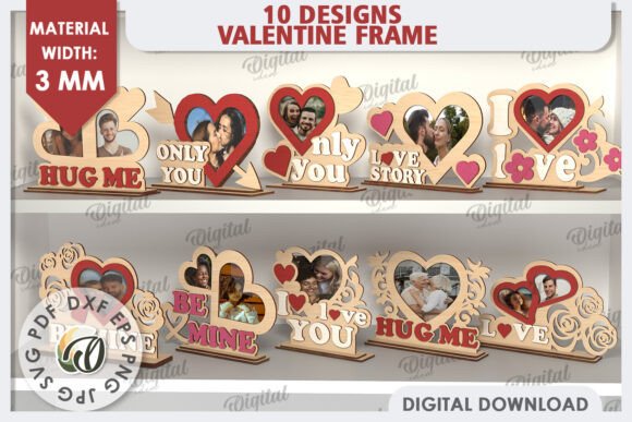 99+ Laser Cut Wood Projects To Sell From Home 377 Laser cut wood family photo frames with heart designs and customizable text for Valentine's Day.