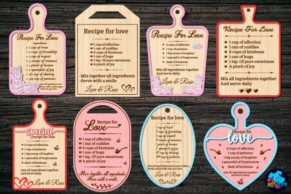99+ Laser Cut Wood Projects To Sell From Home 342 Laser cut wood recipe signs with decorative designs and text for love recipes.